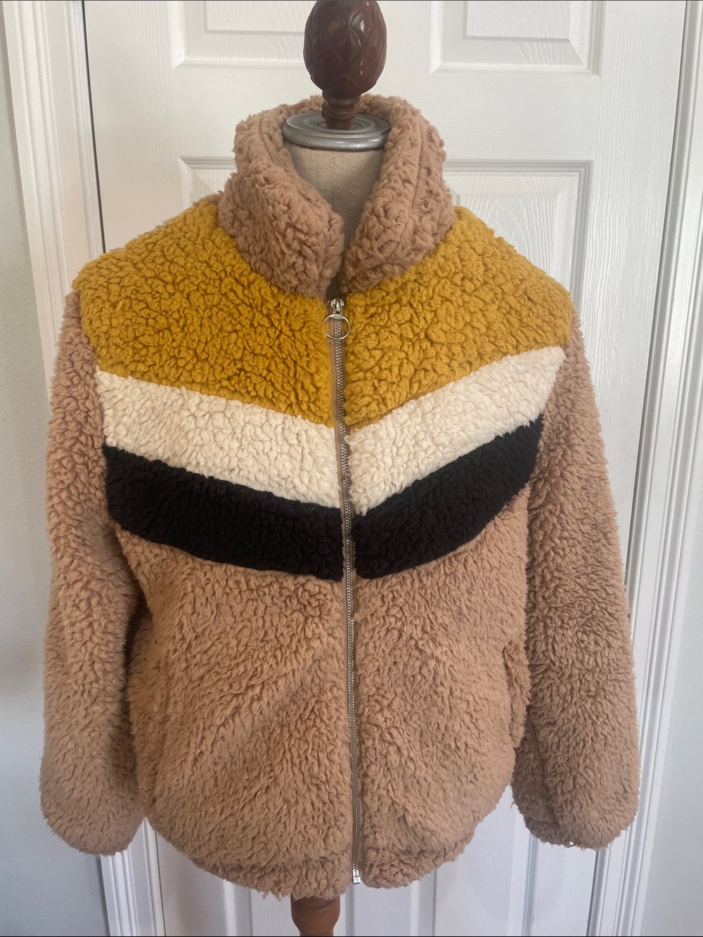 Love Tree Colorblock Teddy Jacket in Tan, Mustard, Cream & Black
